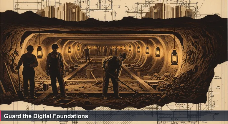 Historic 1920s photo of workers digging Tulsa's underground tunnels, symbolizing hidden cybersecurity foundations for the 2026 job market.