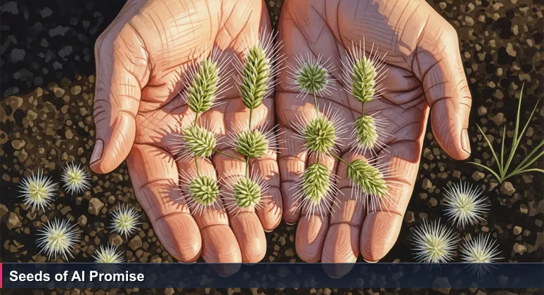 Weathered hands cradling prairie grass seeds on dark Tulsa garden soil at golden hour, symbolizing the potential of AI startups in the local ecosystem.