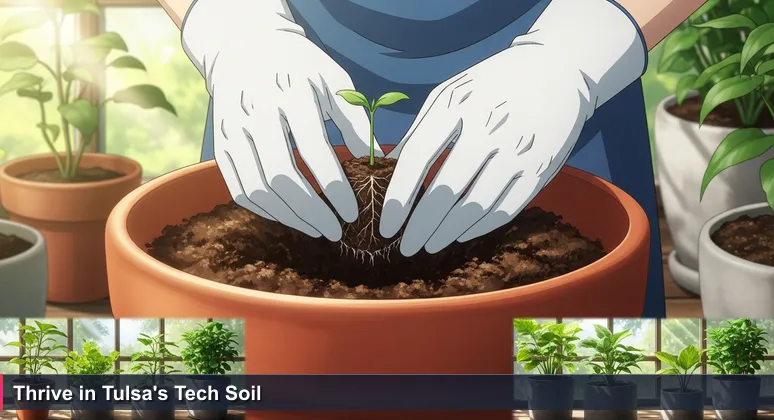 Hands transplanting a seedling into rich soil in a greenhouse, symbolizing tech venture growth in Tulsa's coworking spaces.