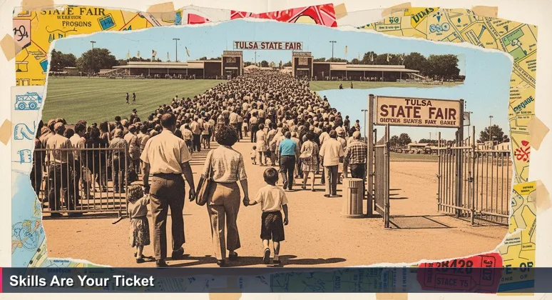 A crowded line at the Tulsa State Fair main entrance, with a local family breaking away towards an open side gate, symbolizing alternative tech career paths without a degree in Tulsa.