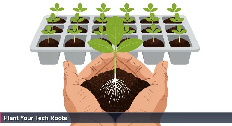 Close-up of weathered hands holding a seedling with roots in dark Tulsa soil, symbolizing choosing the right startup for junior developers in 2026.