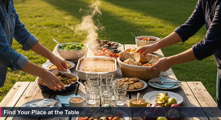 A close-up of diverse hands placing homemade dishes on a communal picnic table, representing Tulsa's collaborative women in tech ecosystem.
