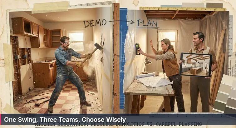 Three cybersecurity professionals in a half-demolished kitchen: one pauses with a sledgehammer, one studies blueprints next to a wall marked with blue tape, and one checks a laptop showing logs.