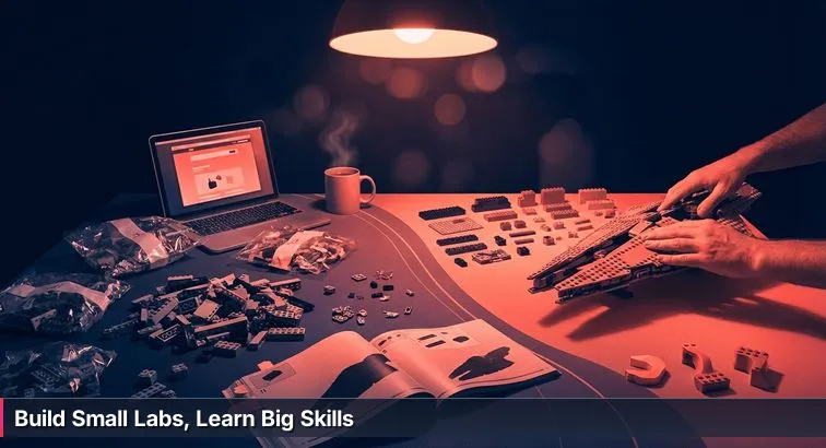 Cozy home lab scene with a laptop showing multiple VM/terminal windows, a small mini PC, an Ethernet cable, a LEGO baseplate with scattered bricks, sticky notes, and a coffee mug on a wooden table.
