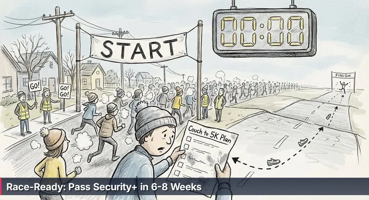 Learner at a desk at dawn with a laptop showing blurred technical visuals, a stopwatch, running shoes, Ethernet cable, and a calendar marked for a 6-8 week Security+ study plan.