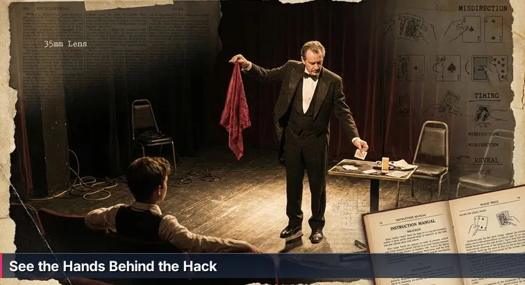 Theatrical scene: a red silk floating midair under a spotlight, a magician’s hand at the table edge, and shadowy server racks backstage suggesting hidden cyber threats.