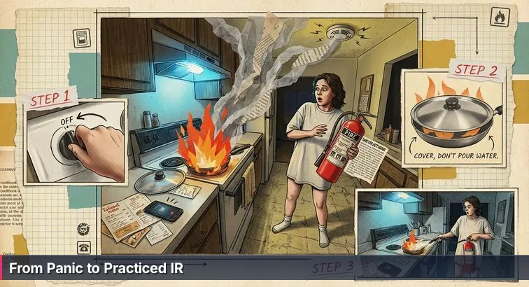 Incident commander leading a small war room team around a laptop and monitors showing alert dashboards, urgent but controlled atmosphere.