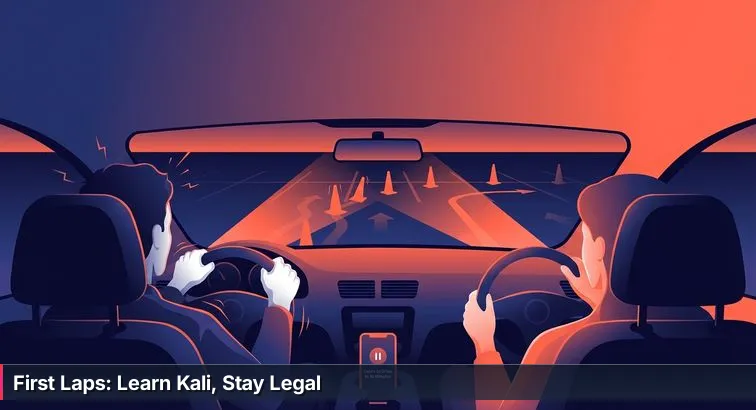 A laptop showing a Kali Linux terminal and network diagram on its screen, with orange traffic cones nearby and a calm dusk parking-lot backdrop.