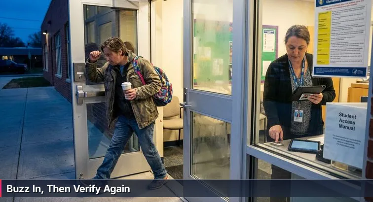 A school vestibule reimagined as a network-security scene: layered locked doors, a staff member checking an ID on a tablet, CCTV cameras, and subtle digital icons suggesting firewalls, VPNs, and logs.