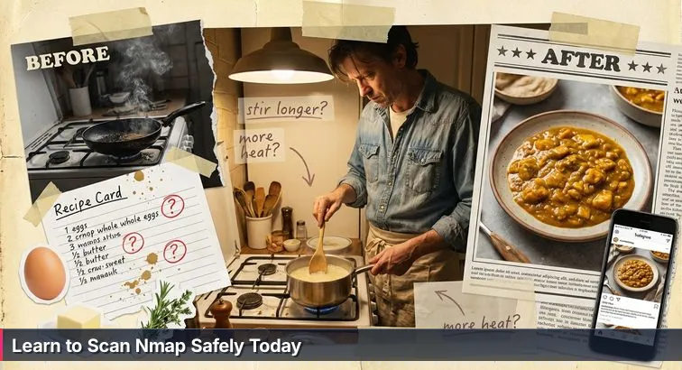 Evening home lab scene: person at a laptop reading terminal output with Nmap scan results, notebook, and coffee nearby.