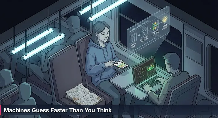 Commuter holding a phone showing a colorful guess-grid next to a person using a laptop terminal streaming lines of code