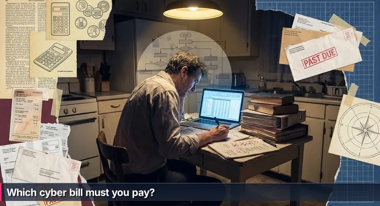 Nighttime kitchen table with scattered bills and envelopes, a glowing laptop, a black marker, and a small padlock - visual metaphor for weighing cyber risks and decisions.