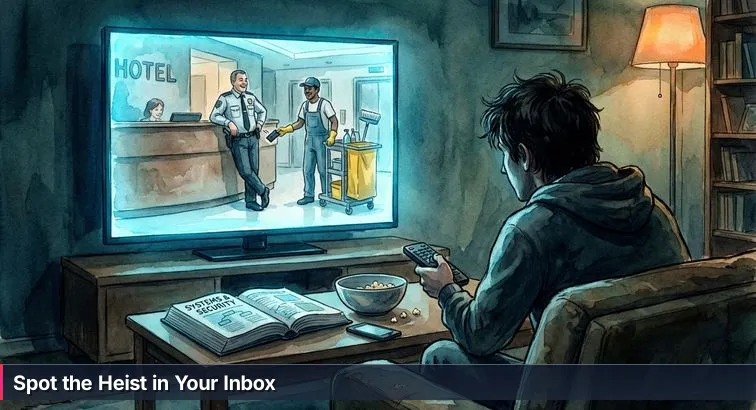 A tense office scene: a professional hesitates over a smartphone showing a suspicious message while a shadowy figure passes a keycard in the blurred background.