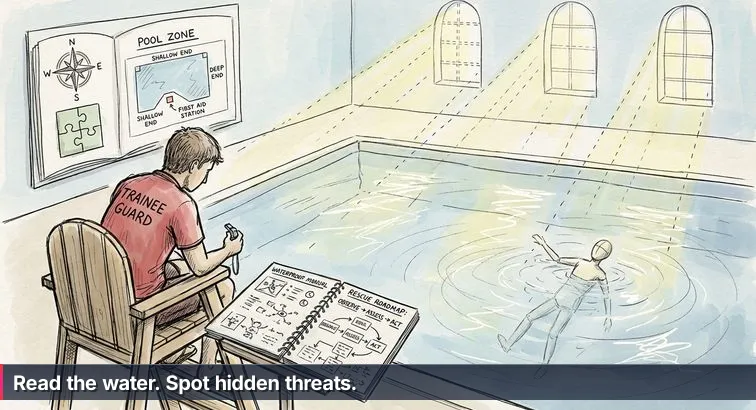 A lifeguard-style scene: a focused person at the edge of an indoor pool staring at glare on the water while a laptop nearby shows abstract network visuals, conveying vigilance and study.