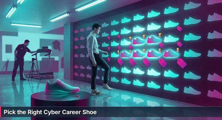 A thoughtful person in a small running store studies a wall of colorful running shoes, appearing curious and slightly overwhelmed.