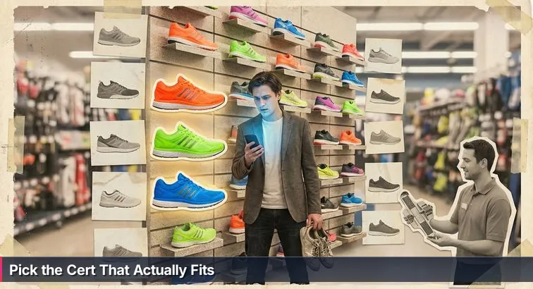 Person in a running shoe store aisle pausing to compare different shoes, symbolizing the decision of choosing cybersecurity certifications.