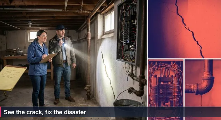 Dimly lit basement with a flashlight beam highlighting a hairline crack in a concrete wall; a legal pad with numbered inspection notes and scattered sticky notes nearby.