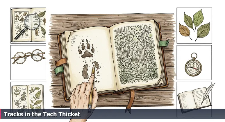 A weathered leather-bound field guide open on a wooden workbench, with handwritten notes and a map showing AI startup tracks in the Brazos Valley ecosystem.