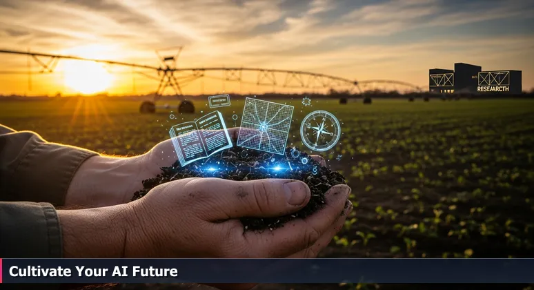 Weathered hands of a farmer sifting through dark soil in a Texas field at dawn, pointing towards a modern irrigation system and a distant university research building on the horizon.