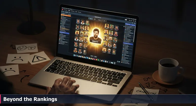 A laptop screen displaying a fantasy football draft board with highlighted top players, symbolizing career decision-making in College Station's tech job market.