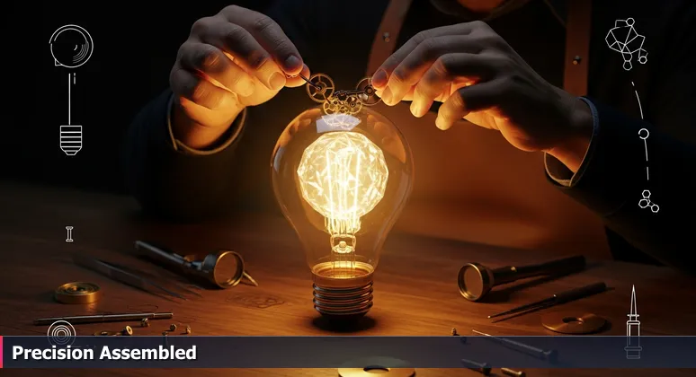 Close-up image of a master watchmaker's hands assembling tiny brass cogs and springs in a mechanical watch movement, symbolizing College Station's intricate tech engineering on a wooden workbench.
