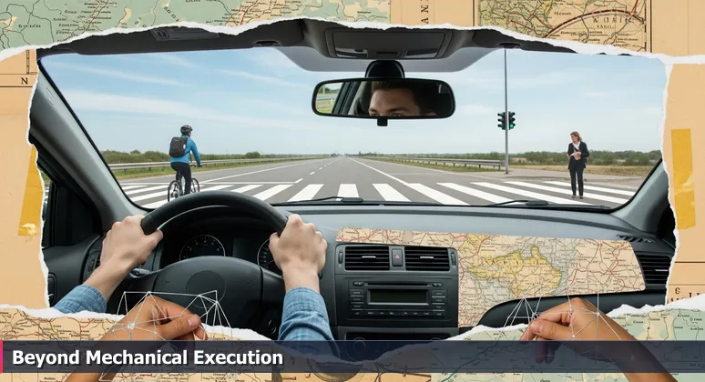 Close-up from a car passenger seat showing a new driver's tense hands gripping the steering wheel, with a College Station road ahead, symbolizing the journey from rigid learning to intuitive AI engineering mastery.