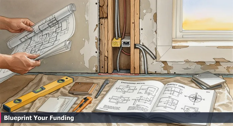 A hand holding a construction blueprint over a half-finished wall, showing seams where drywall, wood, and electrical conduit meet, with tools and material samples on a drop cloth below