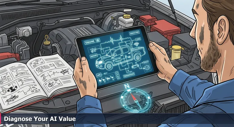 A mechanic's greasy hands holding a diagnostic tablet over a truck engine, with the screen showing interconnected AI system schematics.