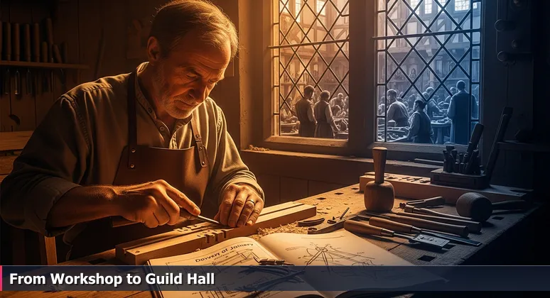 A woodworker in a solitary workshop carving a joint, with a vibrant medieval guild hall visible through the window, symbolizing the transition from individual AI work to community collaboration.