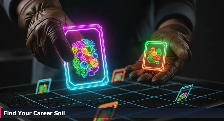 A gardener's rough hands hold two seed packets in a Brazos Valley garden: one labeled Aggie Marrose tomato for local adaptation, the other an exotic variety, symbolizing AI career choices in College Station.