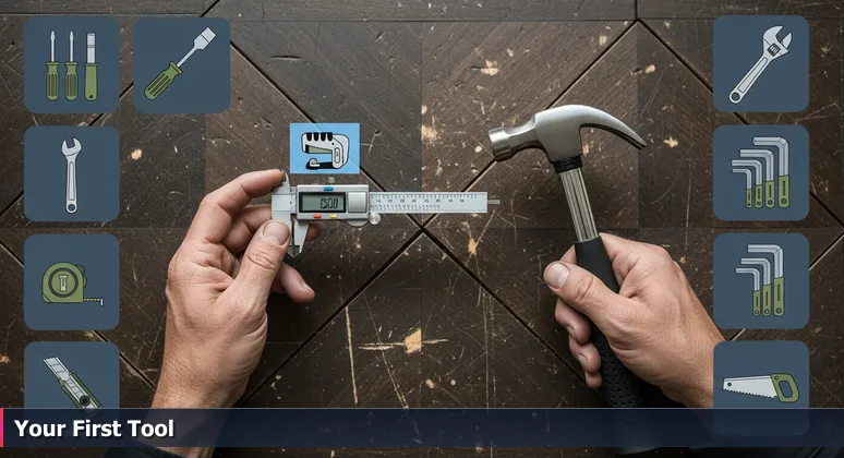 Close-up of weathered hands holding a digital caliper and hammer on a wooden workbench, symbolizing career choice in tech.