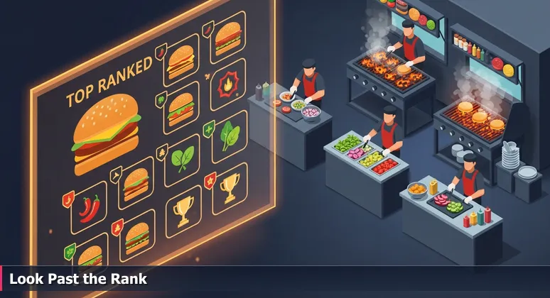 A glowing digital menu board displaying a ranked list of burgers, symbolizing the complex choice of AI bootcamps in College Station, Texas, with food trucks in the background.