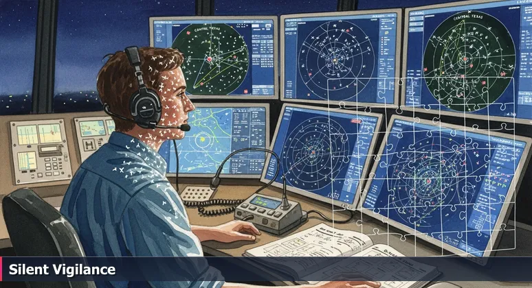 A cybersecurity analyst in a control room, monitoring network traffic on glowing screens over a map of College Station, TX, symbolizing digital defense and the air traffic control metaphor.