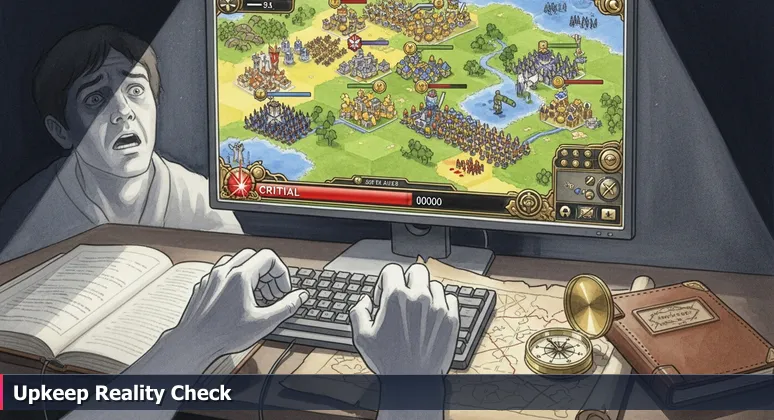 Close-up of hands on a keyboard with a computer screen showing a strategy game alert for insufficient funds, representing budget planning for tech careers in College Station, TX.