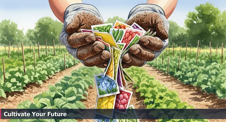 Hands in gardening gloves holding seed packets with a community garden in College Station, Texas, symbolizing accessible tech training opportunities.