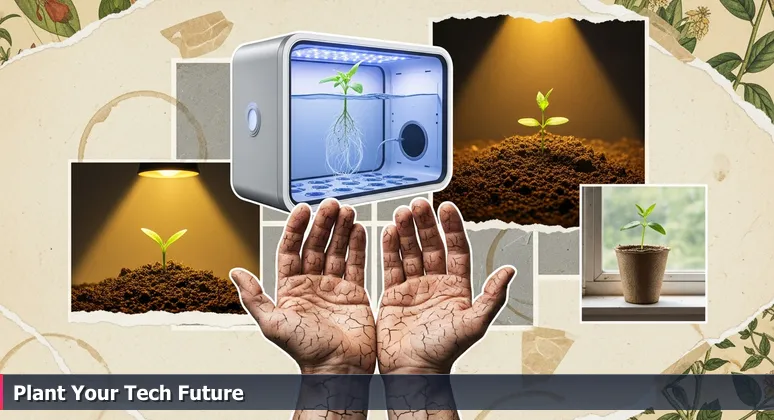 A gardener's weathered hands carefully selecting from a tray of seedlings in different pots, symbolizing the choice of tech workspaces for innovation.