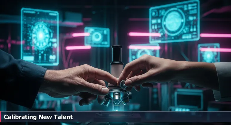 An experienced hand guides a younger hand to adjust a microscope dial in a laboratory, symbolizing mentorship for junior developers in College Station tech startups.