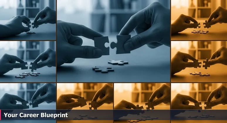 Hands covered in sawdust holding unconnected wooden puzzle pieces, with a finished bookcase in the background, symbolizing career building challenges.