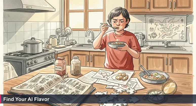 A home cook in a Jakarta kitchen looking frustrated while tasting a dish, symbolizing the AI career challenge of moving from following tutorials to creating innovative solutions.