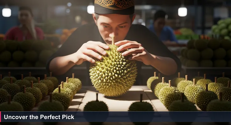 A detailed image of hands inspecting a durian in a busy Jakarta market, symbolizing the careful selection of top AI startups in Indonesia.