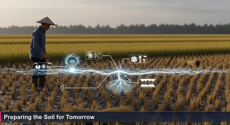 A farmer standing in a harvested paddy field in West Java at dusk, symbolizing Indonesia's tech ecosystem in a phase of preparation and unseen growth for 2026.