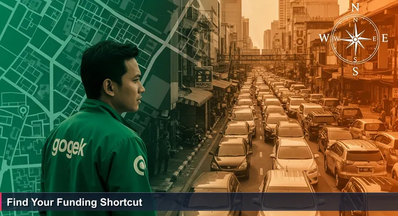 Gojek driver in Jakarta looking down a narrow alley, symbolizing hidden funding pathways for tech training.