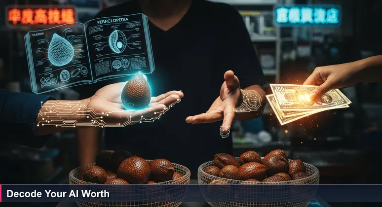 Vendor's hands in a Glodok pasar, Jakarta, comparing premium salak fruit to ordinary ones, symbolizing AI salary negotiation and hidden value in Indonesia's job market.