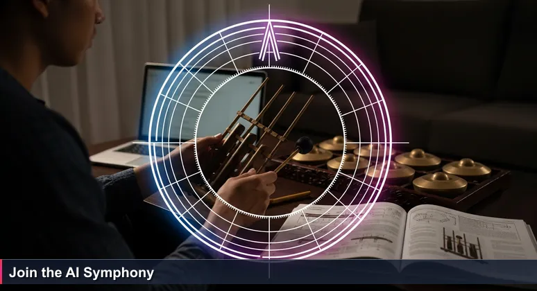 Close-up of hands holding a traditional Indonesian angklung in a dim room, with a laptop screen showing a coding tutorial, symbolizing solo AI learning versus community connection.