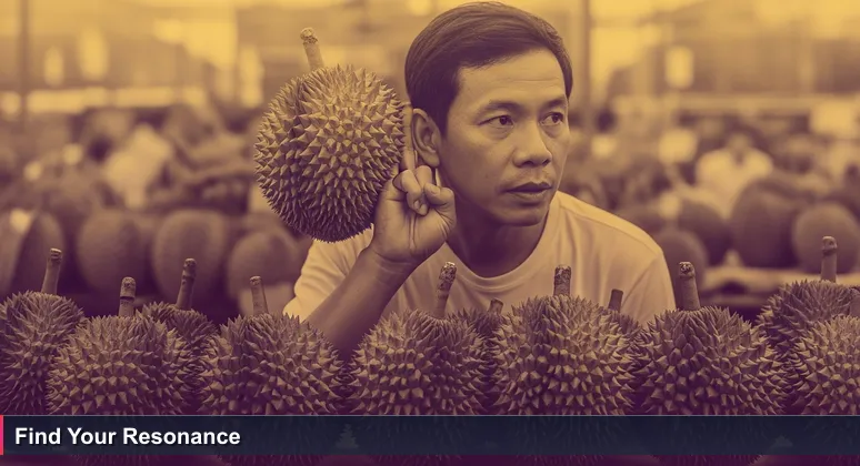 A hand thumping a durian at Pasar Minggu market, symbolizing the expert selection process for AI engineering jobs in Indonesia.