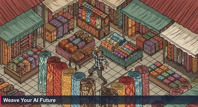 A person looking overwhelmed while choosing from vibrant fabric bolts in a crowded Indonesian market, symbolizing the decision to pick an AI bootcamp for career growth.