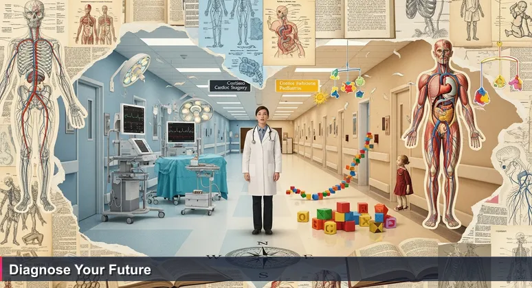 A cybersecurity professional in Indonesia faces a career crossroads, depicted as a medical student choosing between hospital specialties like Big Tech and banking, symbolizing the five cybersecurity sectors for 2026.