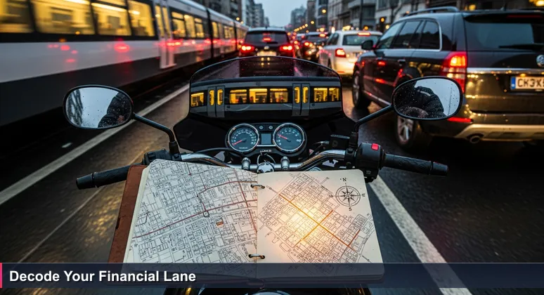 A Gojek rider in Jakarta traffic at dusk, with helmet visor reflecting an MRT train and luxury SUV, symbolizing economic tiers in Indonesia's tech scene.