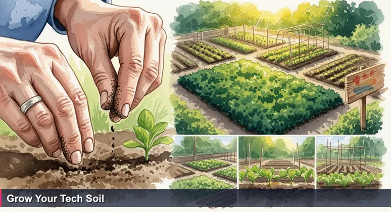 Close-up of weathered hands planting seeds in a communal garden plot with a hand-painted 'Kebun Kita' sign, representing grassroots tech learning in Indonesia.