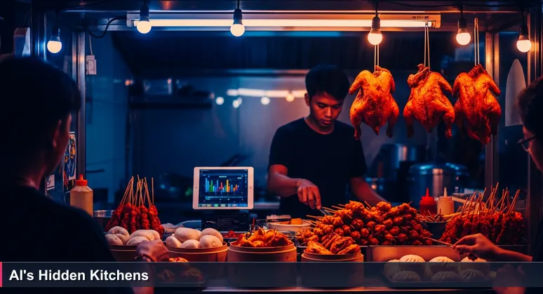 A bustling Jakarta night market stall where a cook monitors a tablet with analytics, symbolizing hidden AI opportunities in Indonesia's traditional industries.